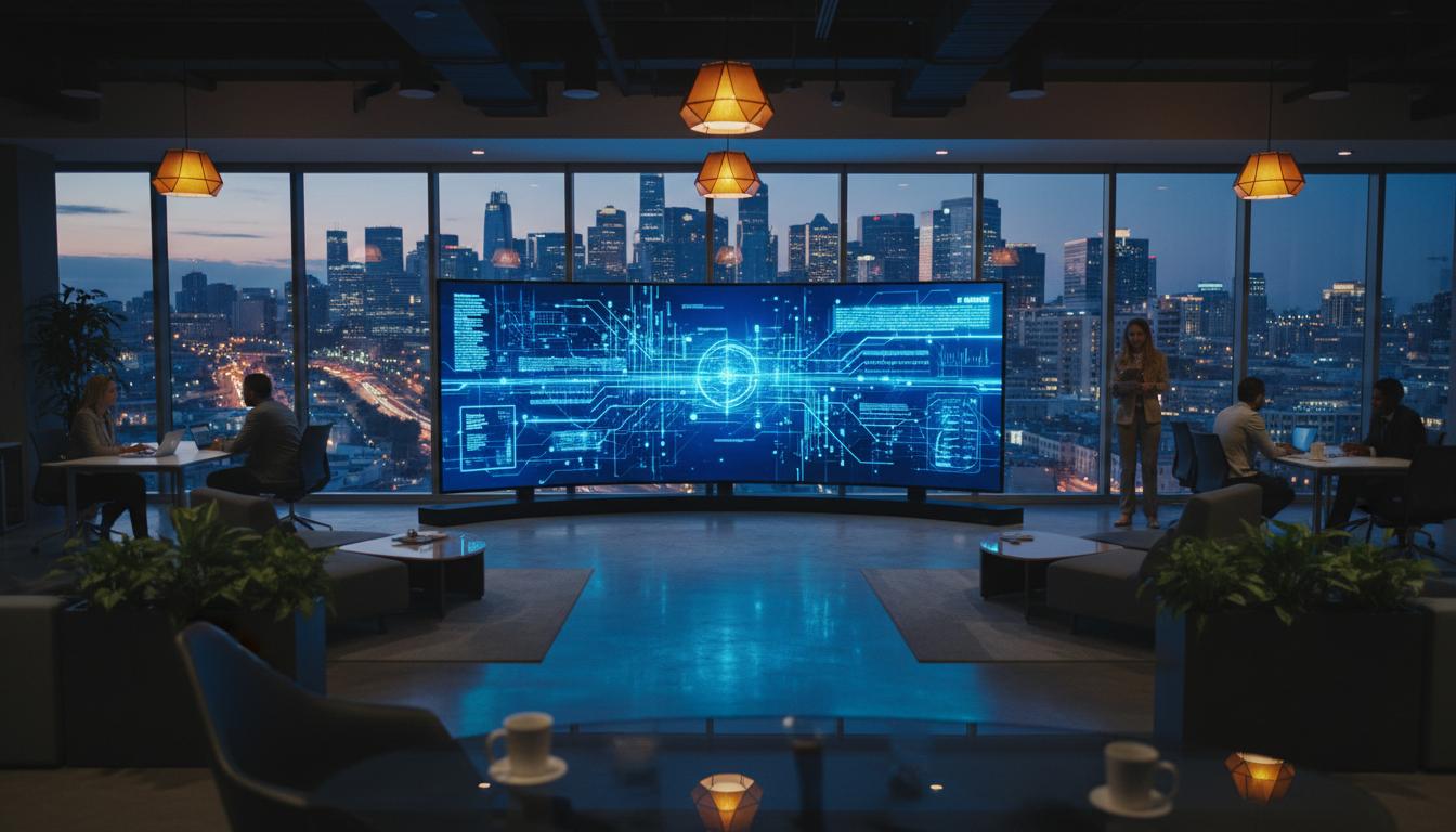Modern corporate office with data visualization displays